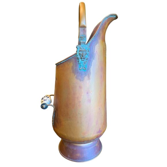 Vintage Copper Coal Scuttle With Porcelain Handle & Lion Head Decoration - Picture 9 of 9